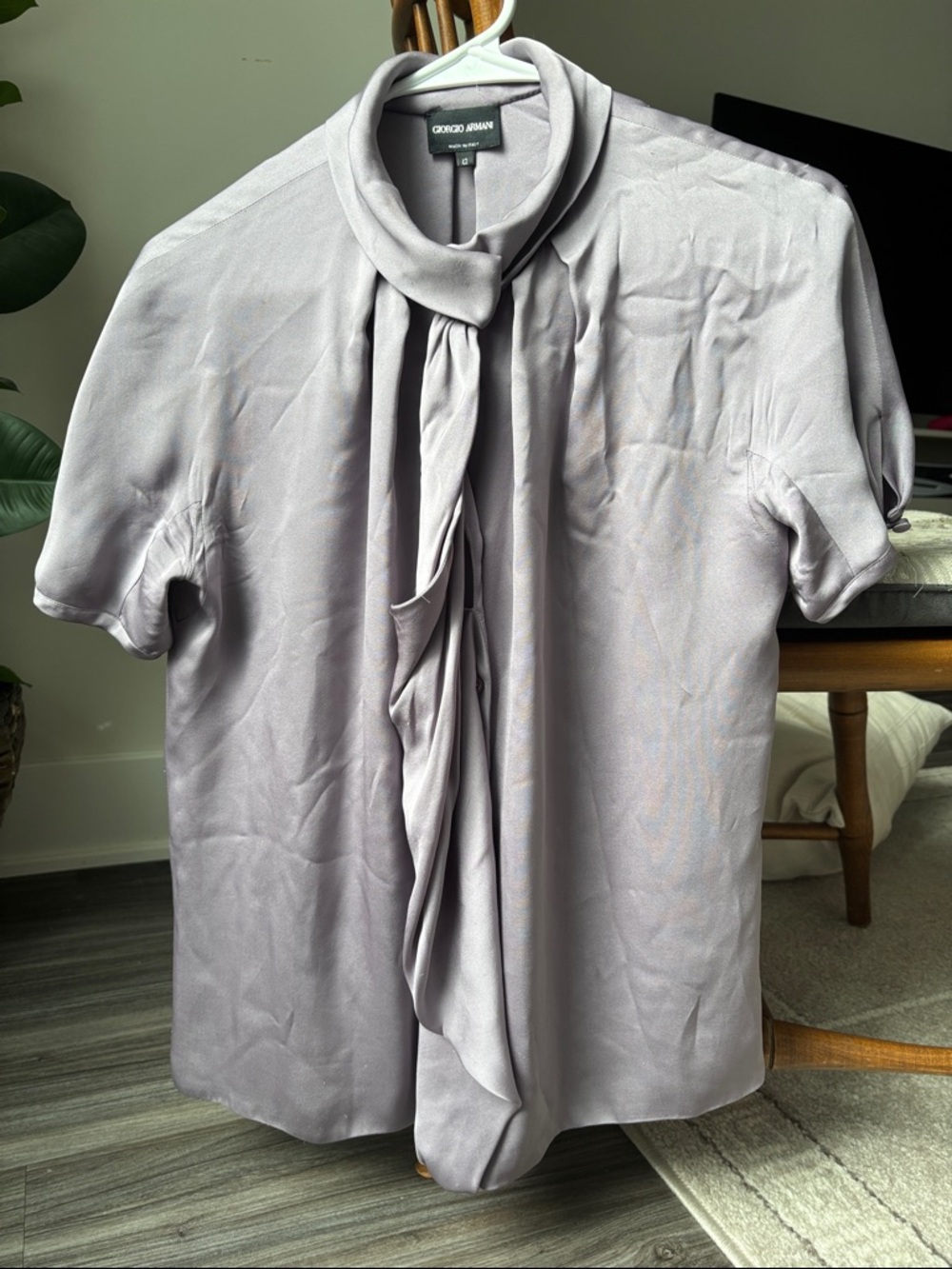 Giorgio Armani Soft Gray-Lavender Silk Tie-Neck Blouse